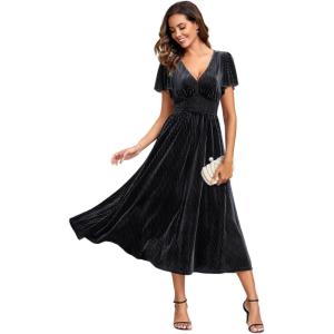 imageEverPretty Womens Fall V Neck Short Sleeves A Line Elastic Waist Midi Length Velvet Wedding Guest Dress 01939Grey Blue