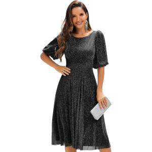 imageEverPretty Womens High Stretch Round Neck Half Sleeve Midi Glitter Fall Winter Formal Wedding Guest Dress 02561Black