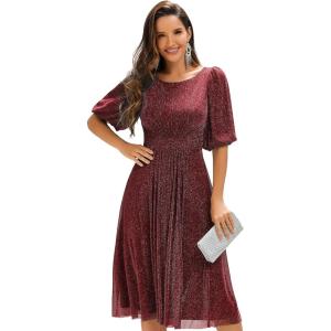 imageEverPretty Womens High Stretch Round Neck Half Sleeve Midi Glitter Fall Winter Formal Wedding Guest Dress 02561Burgundy
