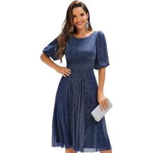 imageEverPretty Womens High Stretch Round Neck Half Sleeve Midi Glitter Fall Winter Formal Wedding Guest Dress 02561Navy Blue