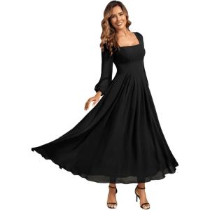 imageEverPretty Womens Square Neck Pleated Long Sleeve Chiffon ALine Maxi Fall Wedding Guest Dress 02522Black
