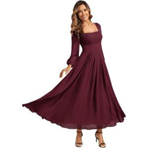 imageEverPretty Womens Square Neck Pleated Long Sleeve Chiffon ALine Maxi Fall Wedding Guest Dress 02522Burgundy