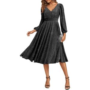 imageEverPretty Womens VNeck Fall Long Sleeve Glitter Midi ALine Formal Wedding Guest Dresses with Pocket 02523Black
