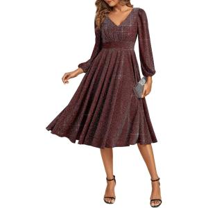 imageEverPretty Womens VNeck Fall Long Sleeve Glitter Midi ALine Formal Wedding Guest Dresses with Pocket 02523Burgundy