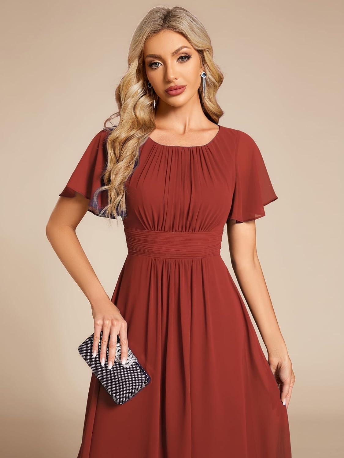 imageEverPretty Womens Chiffon Crew Neck Pleated Waist Short Sleeve Wedding Guest Dress 02053Vermilion