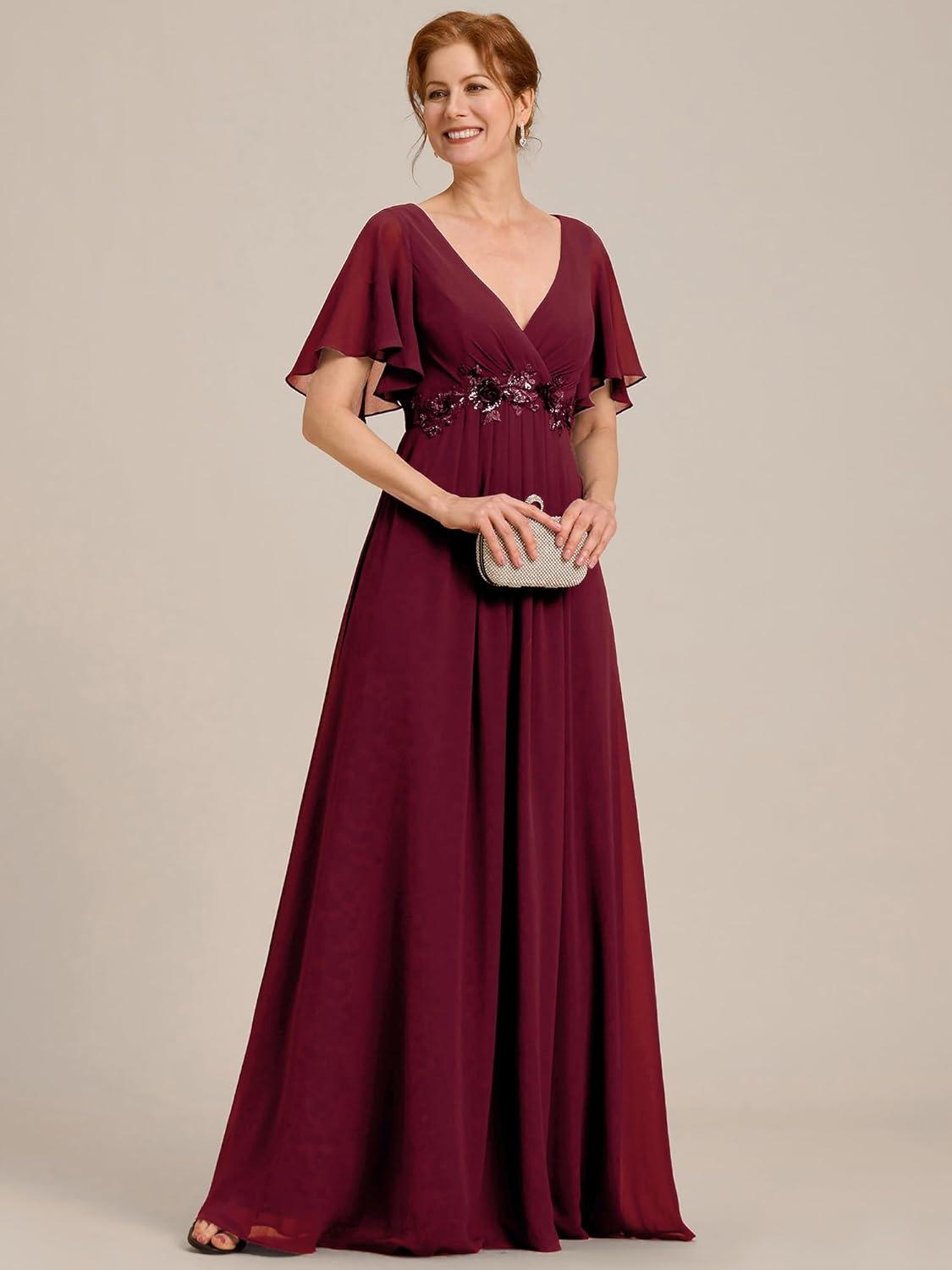 imageEverPretty Womens Chiffon Mother of The Bride Dress Appliques V Neck ALine Pleated Floor Length Formal GownBurgundy