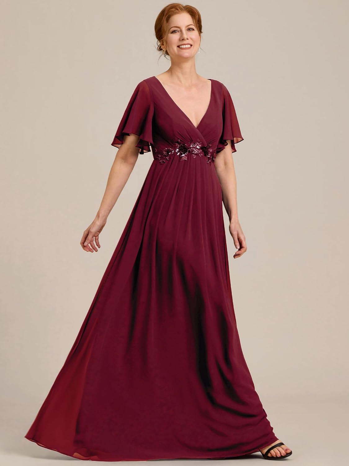 imageEverPretty Womens Chiffon Mother of The Bride Dress Appliques V Neck ALine Pleated Floor Length Formal GownBurgundy