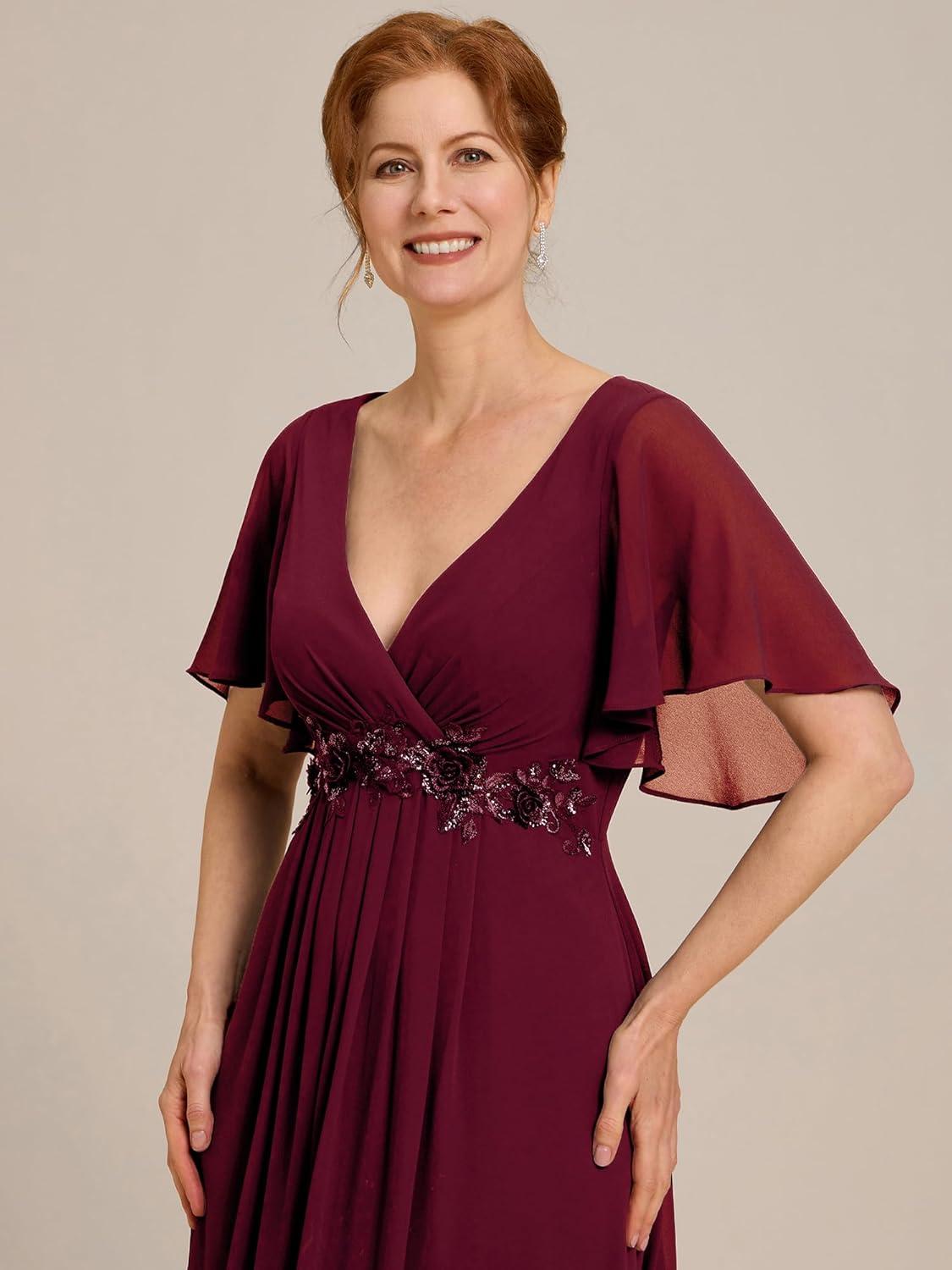 imageEverPretty Womens Chiffon Mother of The Bride Dress Appliques V Neck ALine Pleated Floor Length Formal GownBurgundy