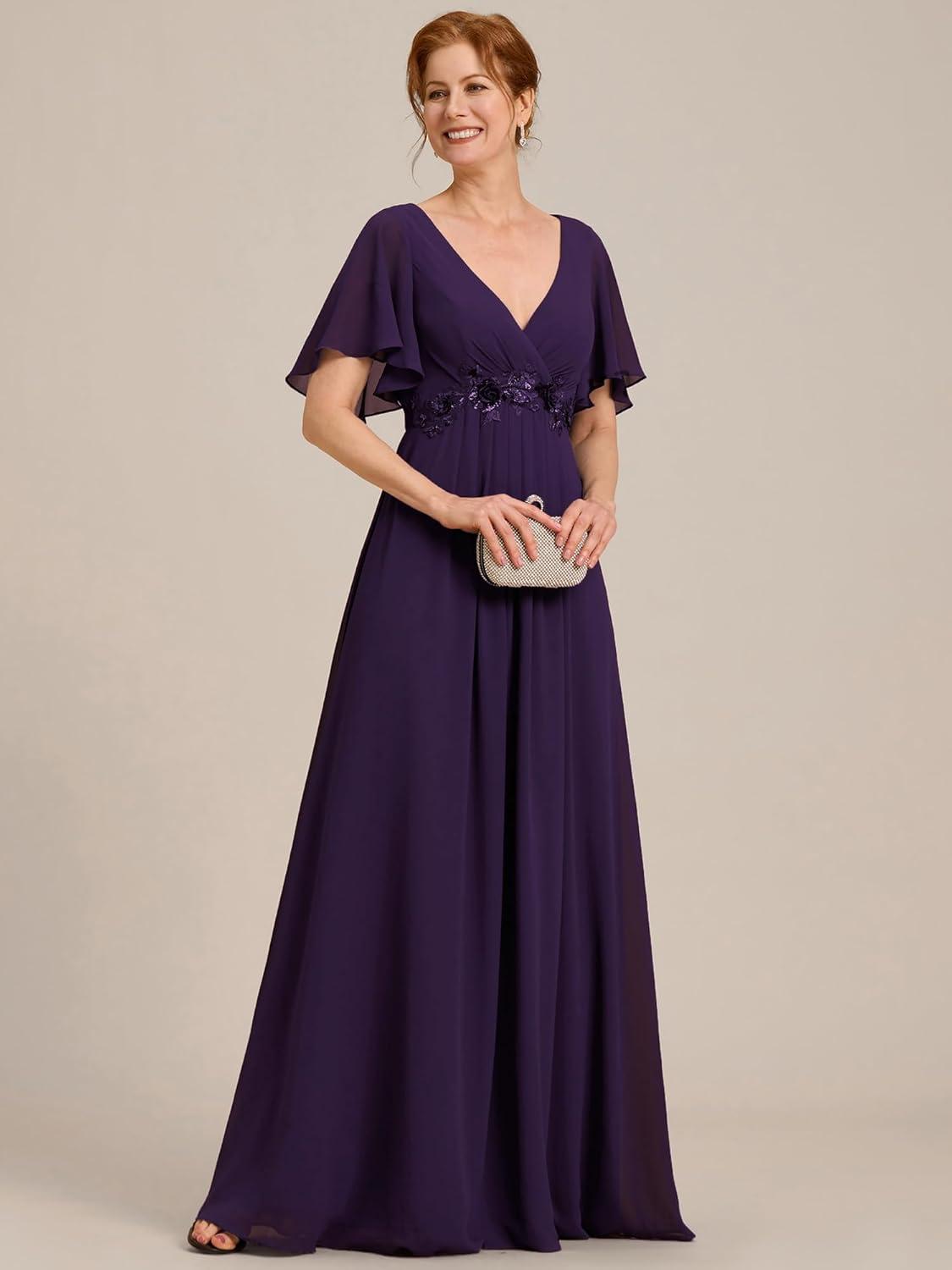 imageEverPretty Womens Chiffon Mother of The Bride Dress Appliques V Neck ALine Pleated Floor Length Formal GownDark Purple