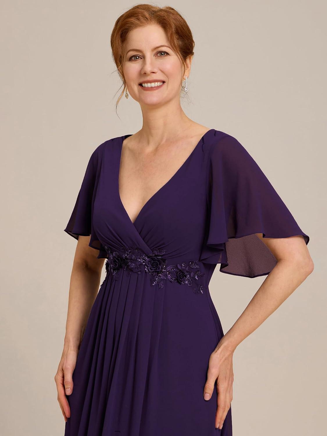 imageEverPretty Womens Chiffon Mother of The Bride Dress Appliques V Neck ALine Pleated Floor Length Formal GownDark Purple