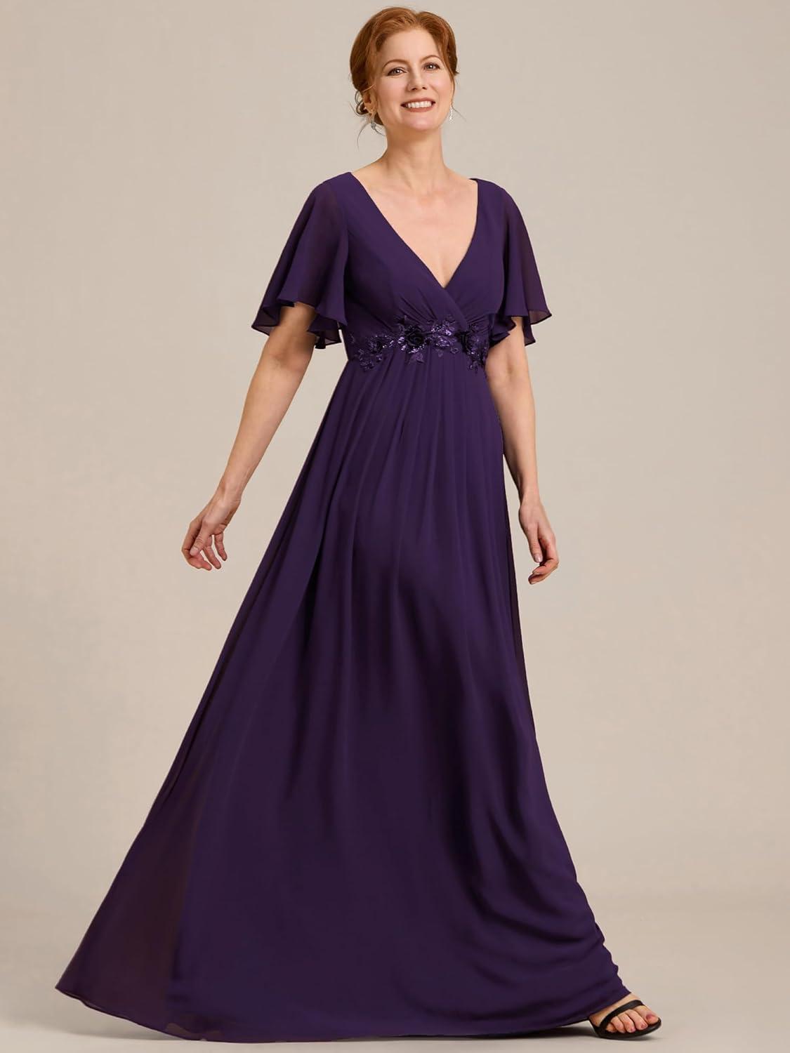 imageEverPretty Womens Chiffon Mother of The Bride Dress Appliques V Neck ALine Pleated Floor Length Formal GownDark Purple