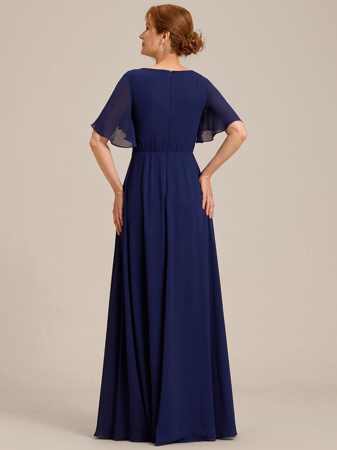 imageEverPretty Womens Chiffon Mother of The Bride Dress Appliques V Neck ALine Pleated Floor Length Formal GownNavy Blue