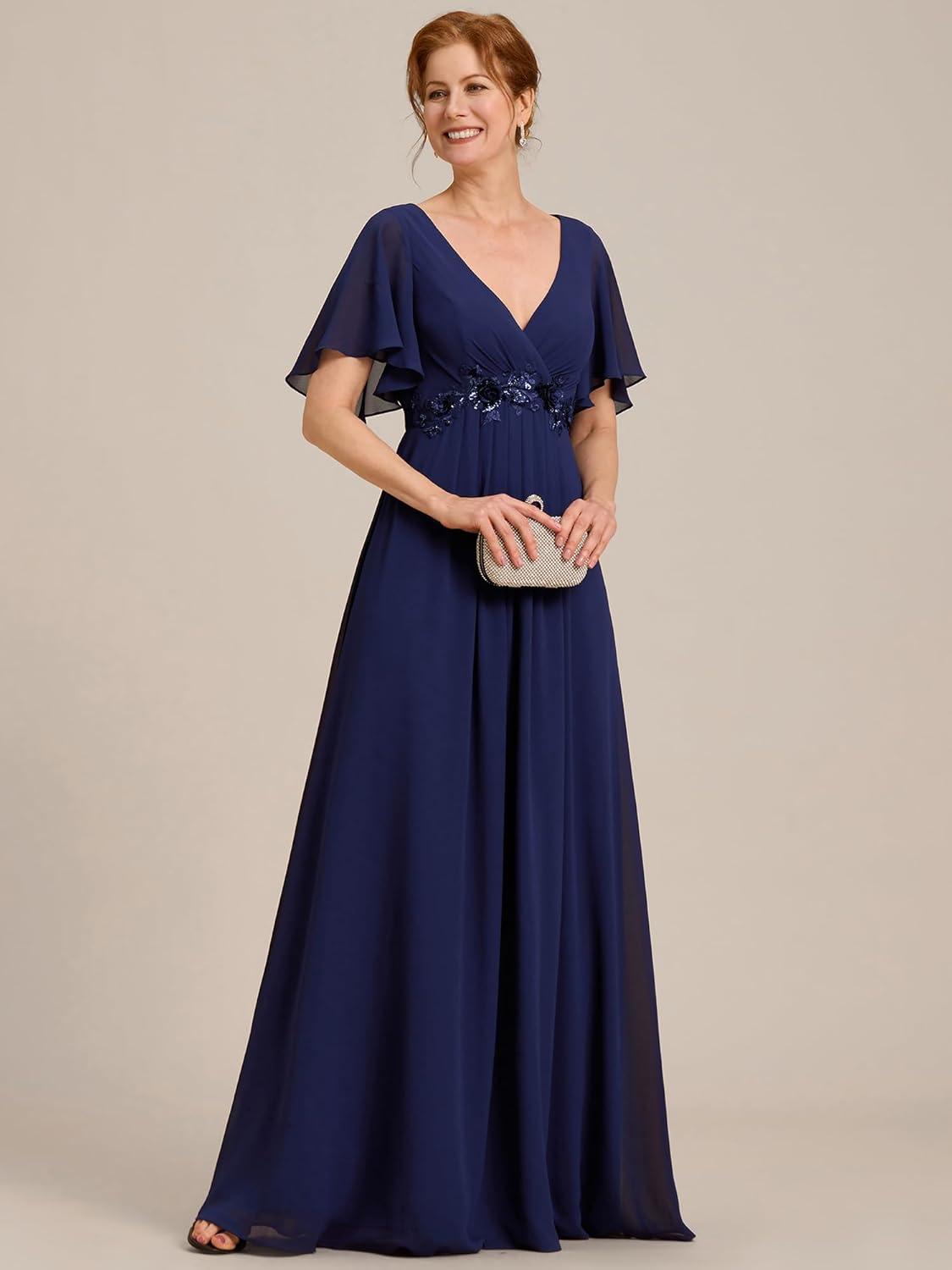 imageEverPretty Womens Chiffon Mother of The Bride Dress Appliques V Neck ALine Pleated Floor Length Formal GownNavy Blue
