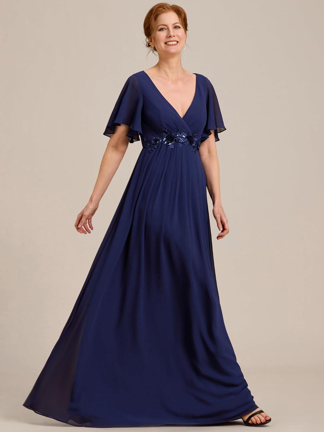 imageEverPretty Womens Chiffon Mother of The Bride Dress Appliques V Neck ALine Pleated Floor Length Formal GownNavy Blue