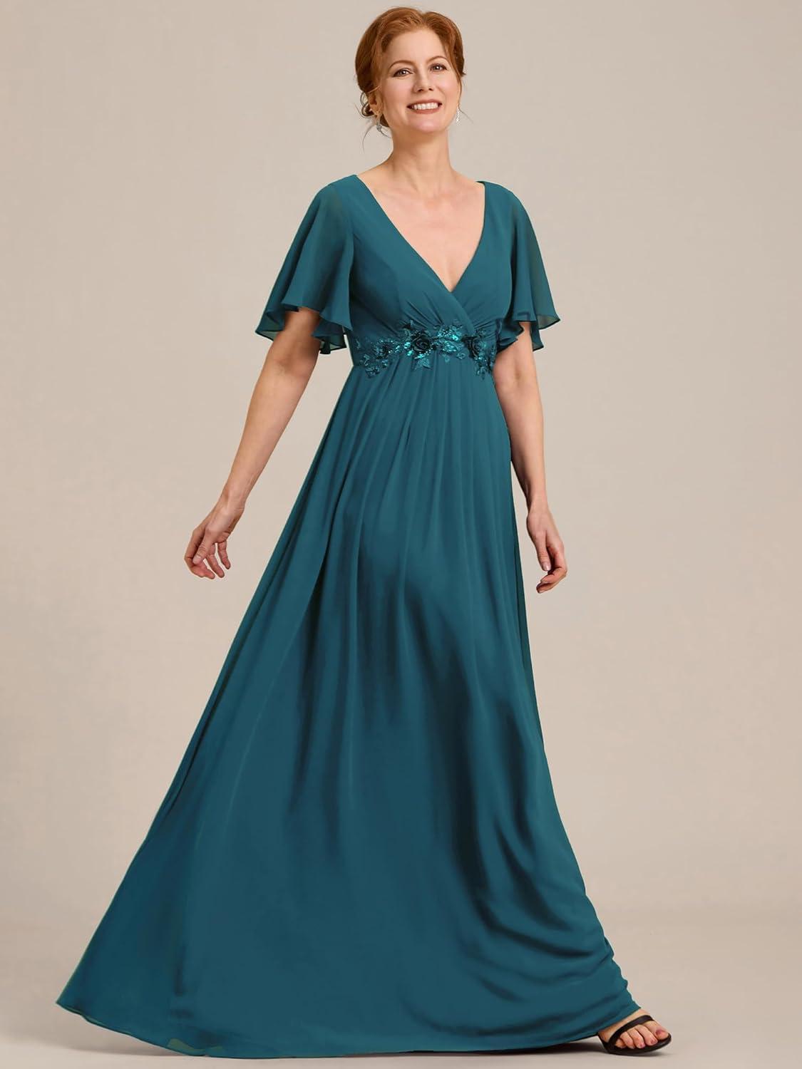 imageEverPretty Womens Chiffon Mother of The Bride Dress Appliques V Neck ALine Pleated Floor Length Formal GownTeal