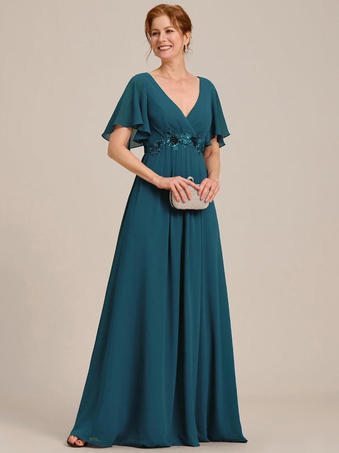 imageEverPretty Womens Chiffon Mother of The Bride Dress Appliques V Neck ALine Pleated Floor Length Formal GownTeal