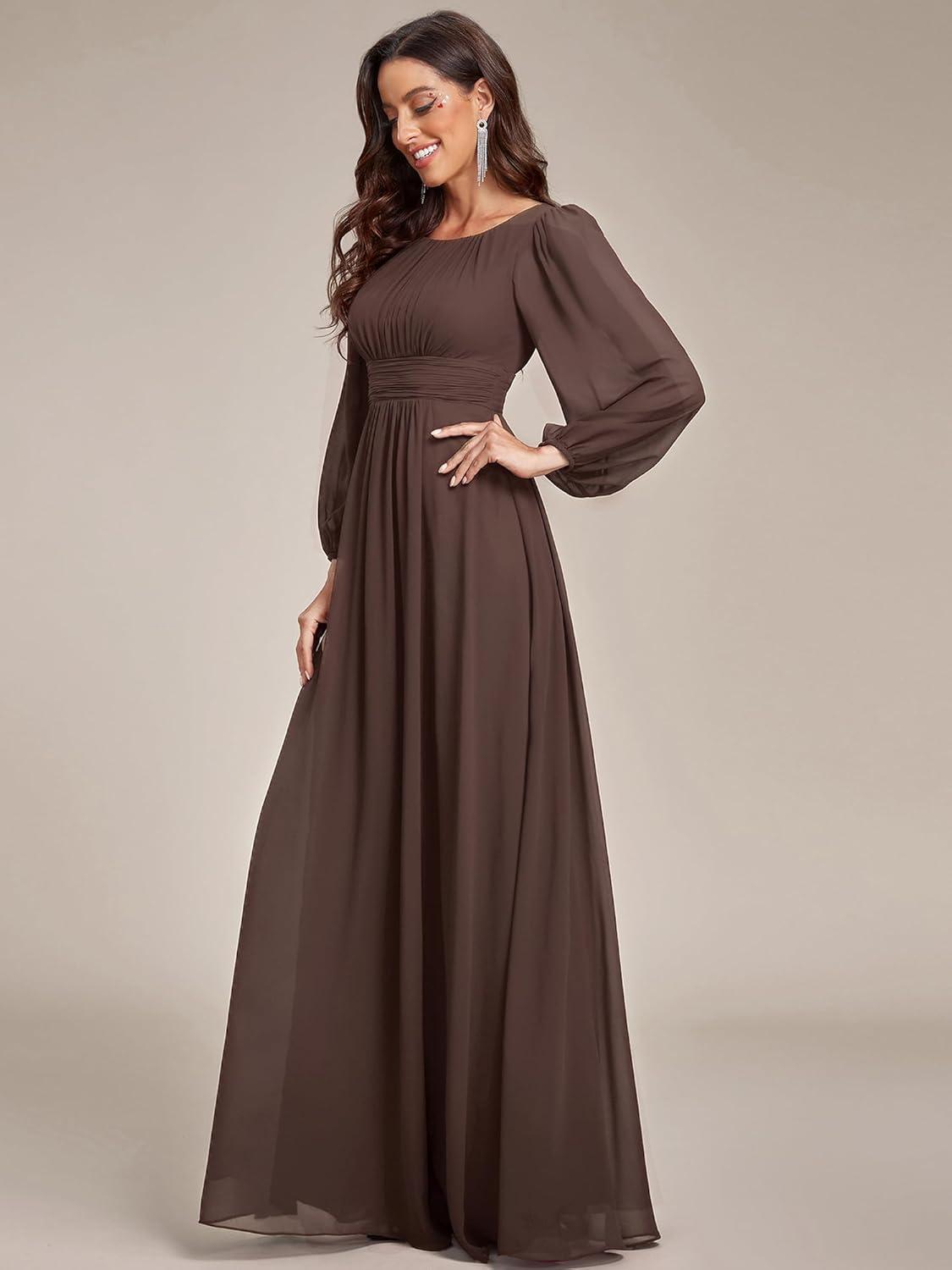 imageEverPretty Womens Crewneck Long Lantern Sleeves Floor Length ALine Pleated Chiffon Formal Dress 0106BExpresso