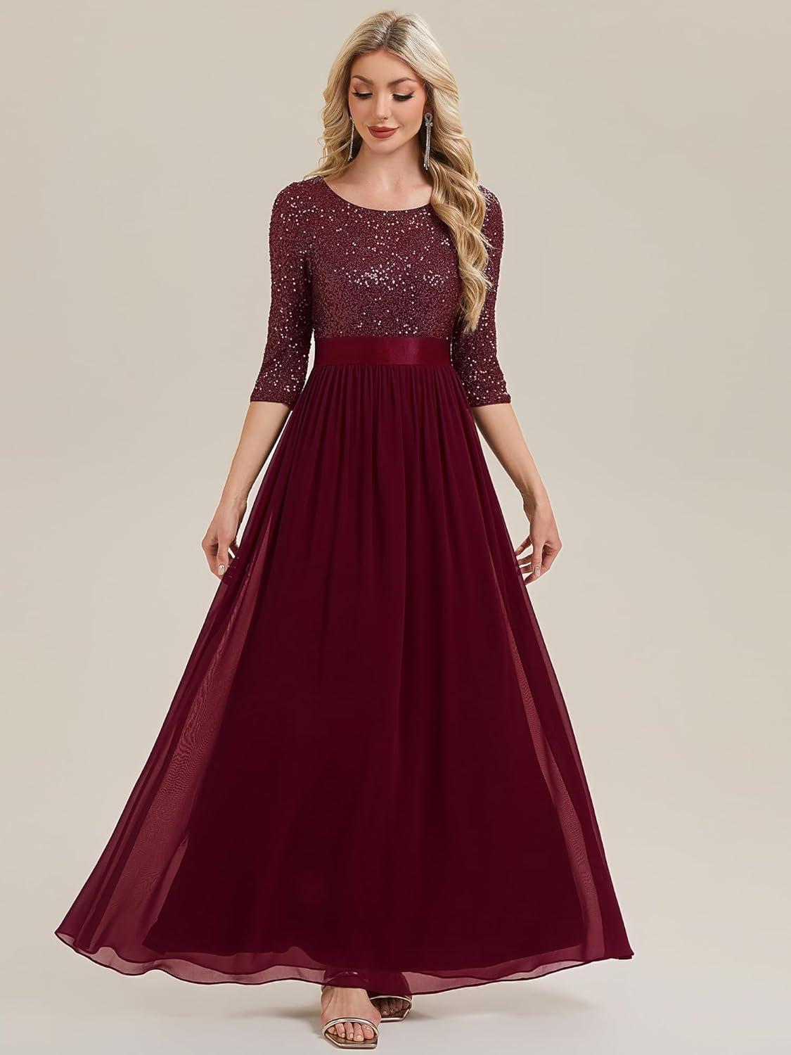 imageEverPretty Womens Elegant Maxi A Line Crew Neck Half Sleeve Sequin Formal Evening Dress 00686Burgundy