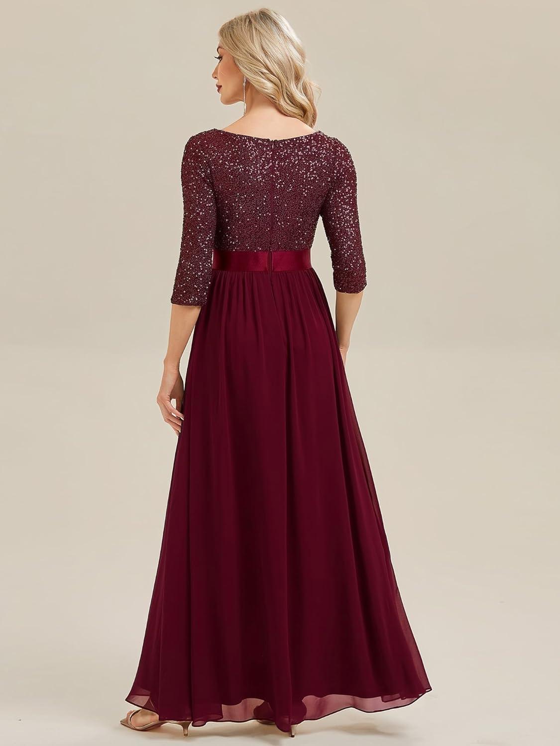 imageEverPretty Womens Elegant Maxi A Line Crew Neck Half Sleeve Sequin Formal Evening Dress 00686Burgundy
