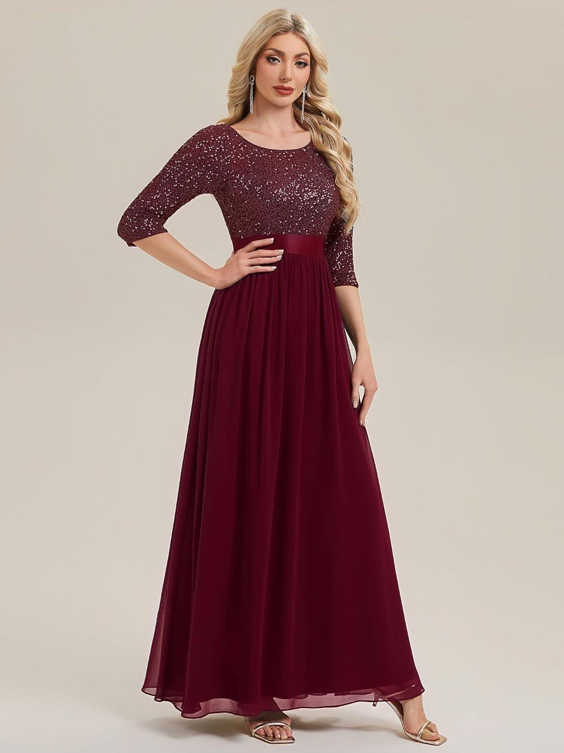 imageEverPretty Womens Elegant Maxi A Line Crew Neck Half Sleeve Sequin Formal Evening Dress 00686Burgundy