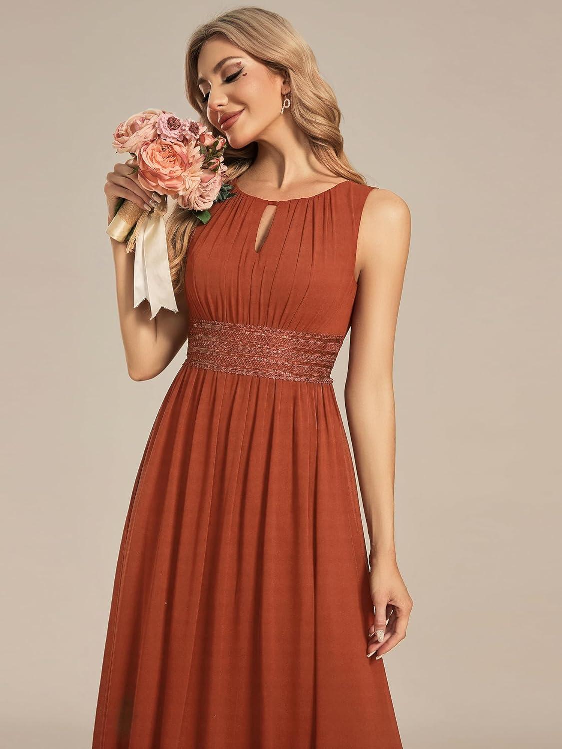 imageEverPretty Womens Fall Crew Neck Sleeveless Ruched A Line Hollow Out Sequin Maxi Formal Wedding Guest Dress 01955Burnt Orange