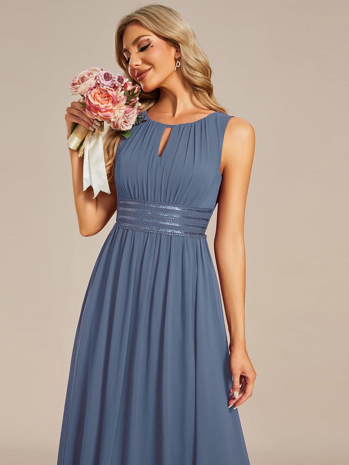 imageEverPretty Womens Fall Crew Neck Sleeveless Ruched A Line Hollow Out Sequin Maxi Formal Wedding Guest Dress 01955Dusty Blue