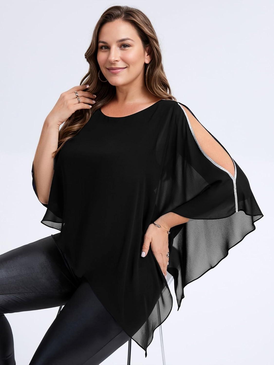 imageEverPretty Womens Round Neck Chiffon 34 Batwing Sleeves Dressy Evening Wedding Top Party Blouses Shirt 02457Black