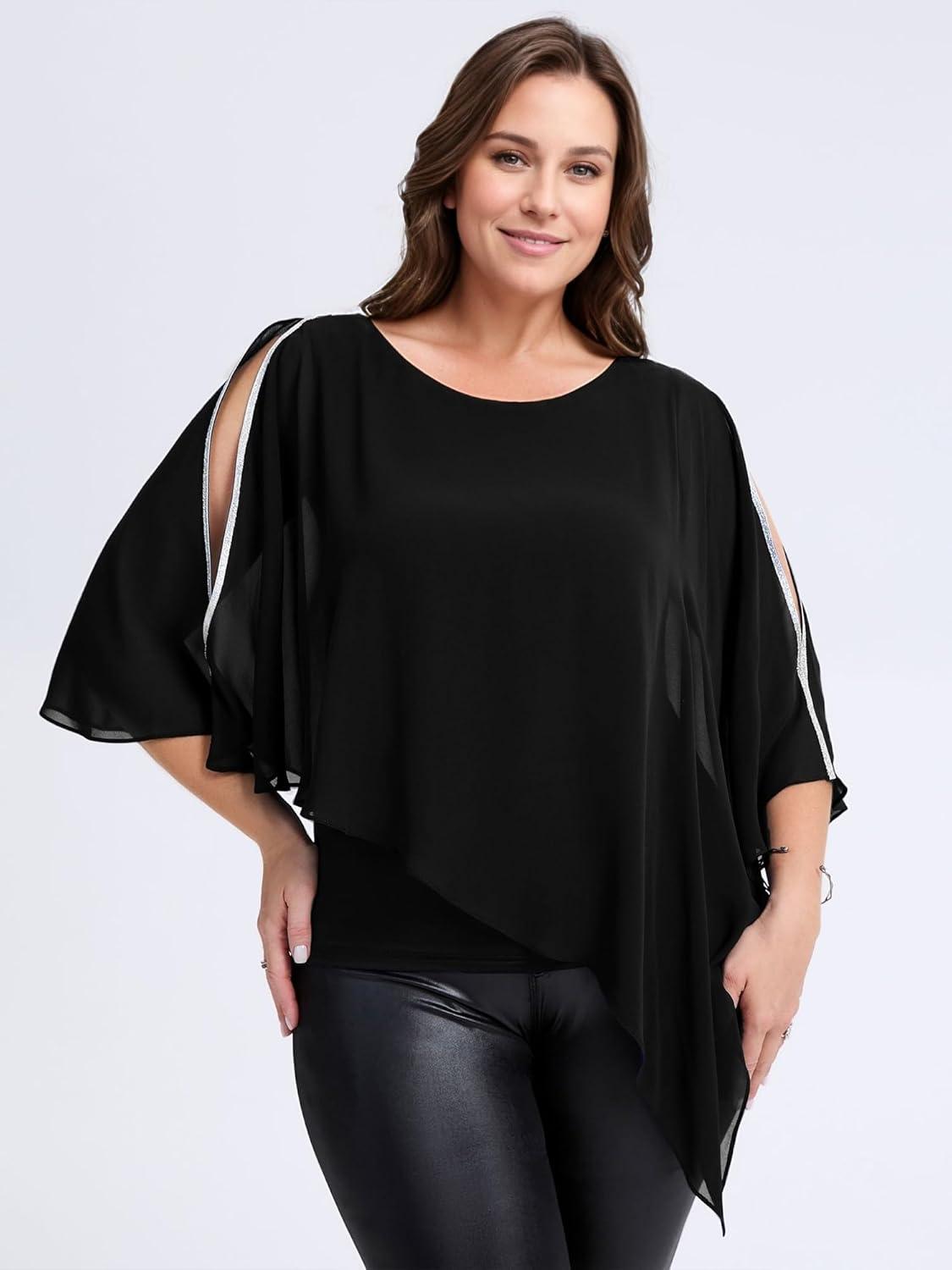 imageEverPretty Womens Round Neck Chiffon 34 Batwing Sleeves Dressy Evening Wedding Top Party Blouses Shirt 02457Black