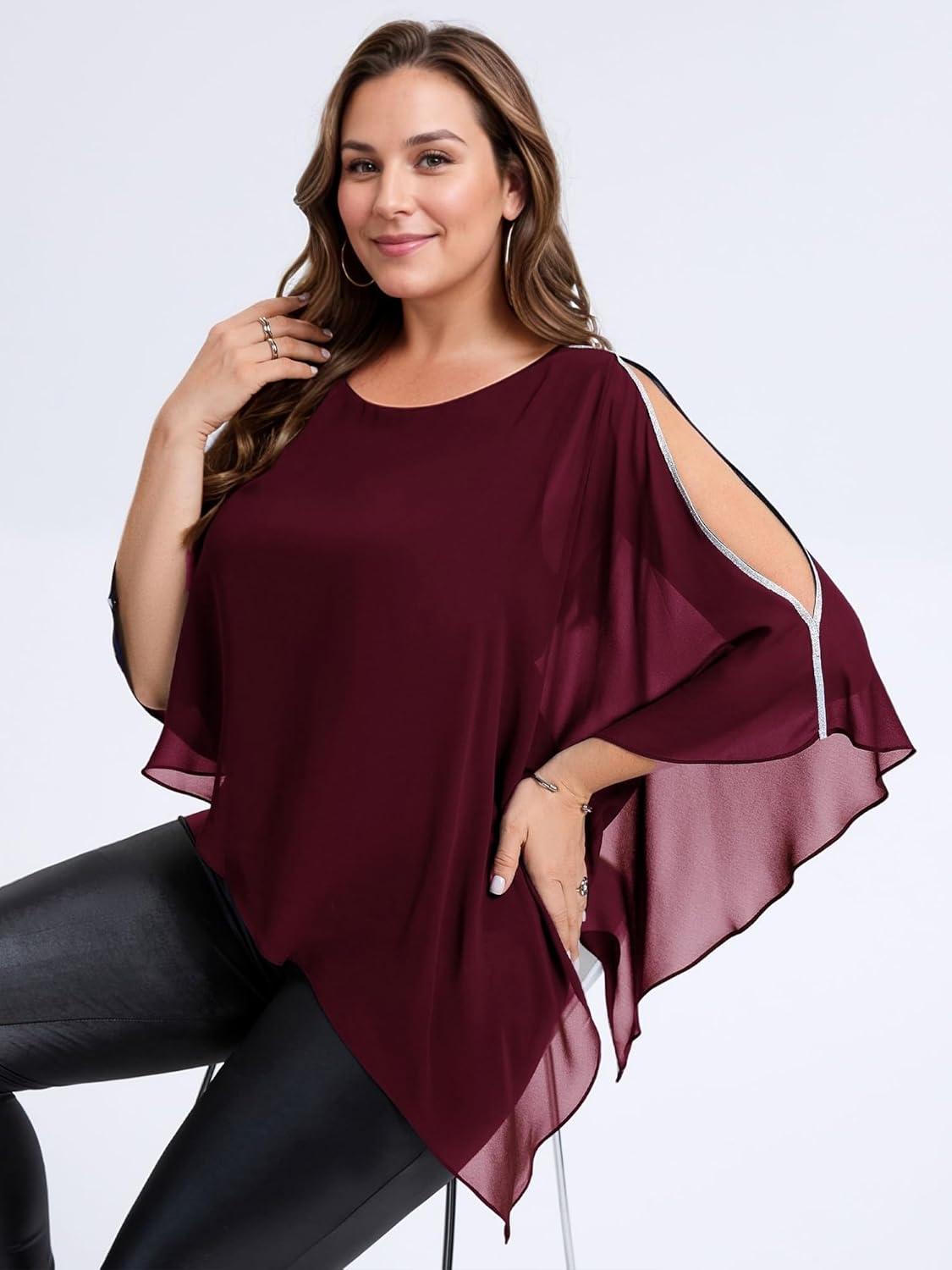 imageEverPretty Womens Round Neck Chiffon 34 Batwing Sleeves Dressy Evening Wedding Top Party Blouses Shirt 02457Burgundy