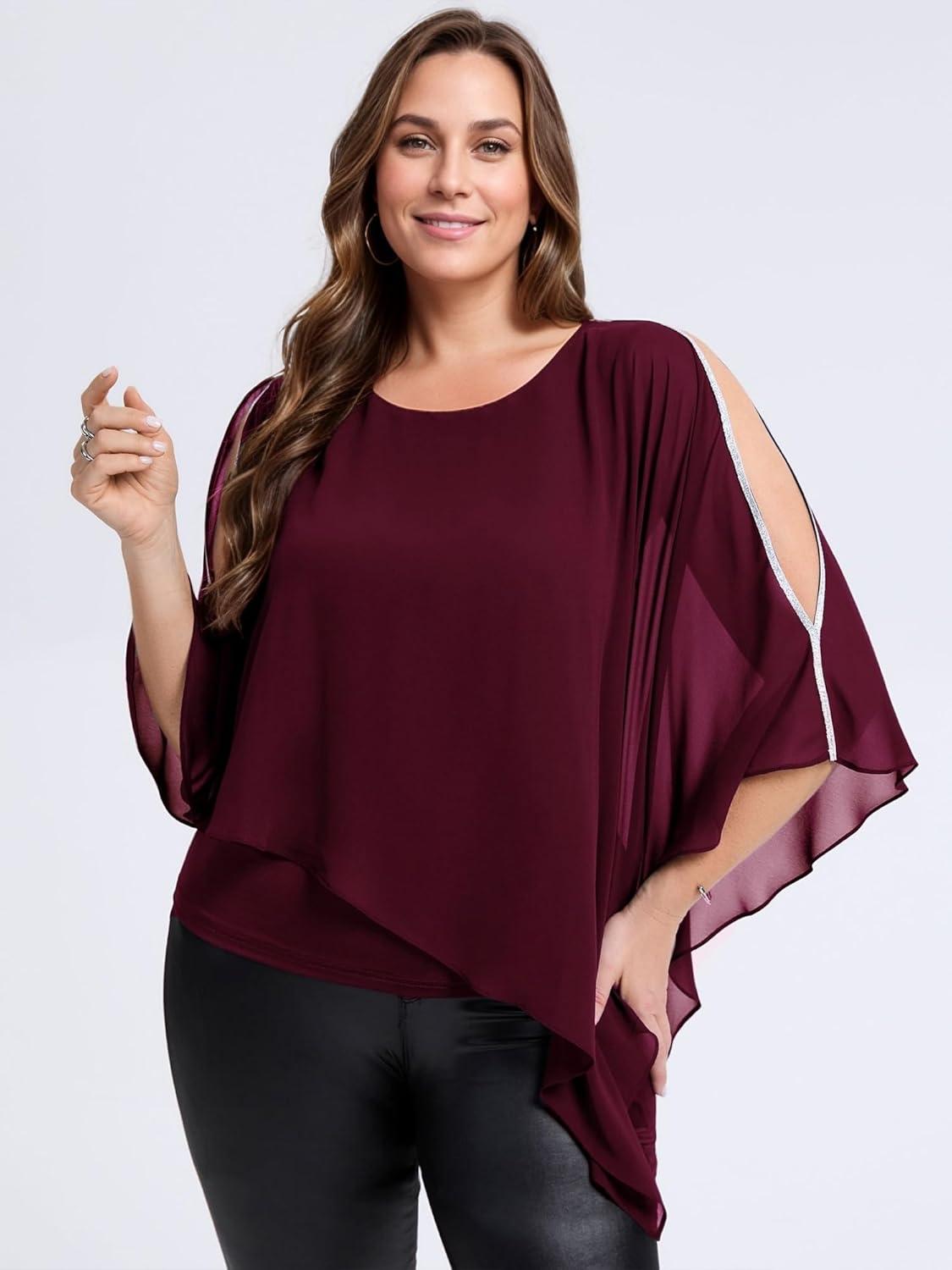 imageEverPretty Womens Round Neck Chiffon 34 Batwing Sleeves Dressy Evening Wedding Top Party Blouses Shirt 02457Burgundy