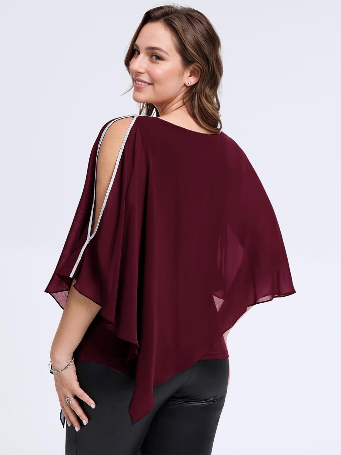 imageEverPretty Womens Round Neck Chiffon 34 Batwing Sleeves Dressy Evening Wedding Top Party Blouses Shirt 02457Burgundy