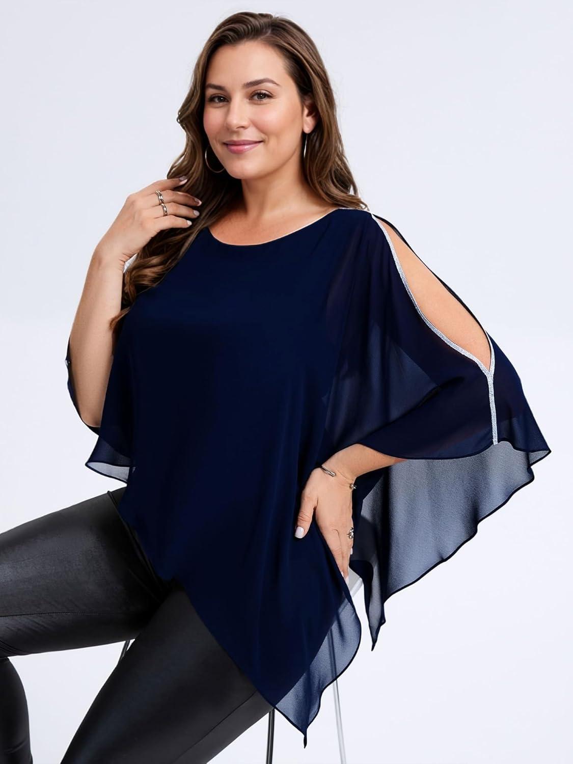 imageEverPretty Womens Round Neck Chiffon 34 Batwing Sleeves Dressy Evening Wedding Top Party Blouses Shirt 02457Navy Blue