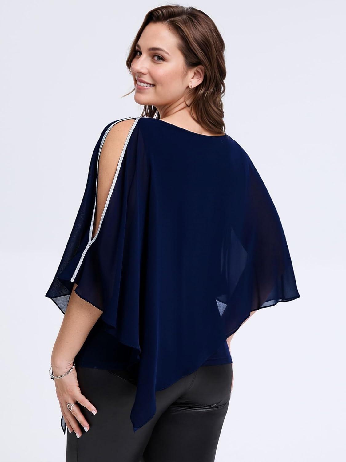 imageEverPretty Womens Round Neck Chiffon 34 Batwing Sleeves Dressy Evening Wedding Top Party Blouses Shirt 02457Navy Blue