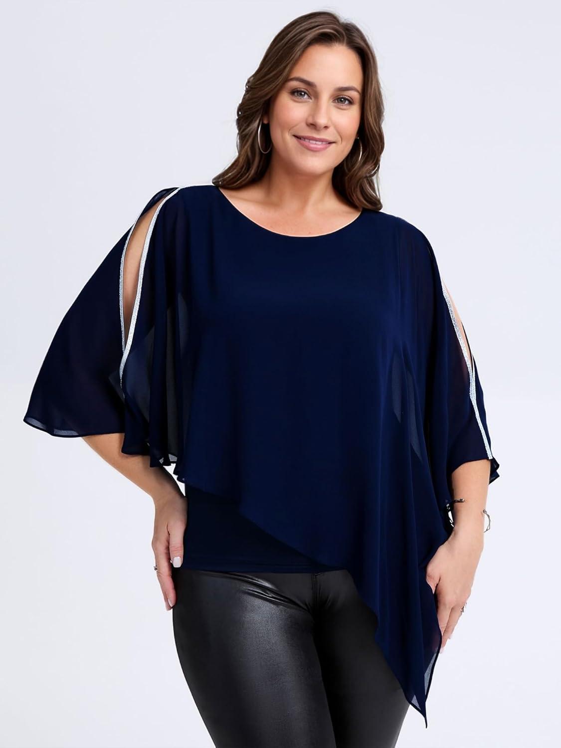 imageEverPretty Womens Round Neck Chiffon 34 Batwing Sleeves Dressy Evening Wedding Top Party Blouses Shirt 02457Navy Blue