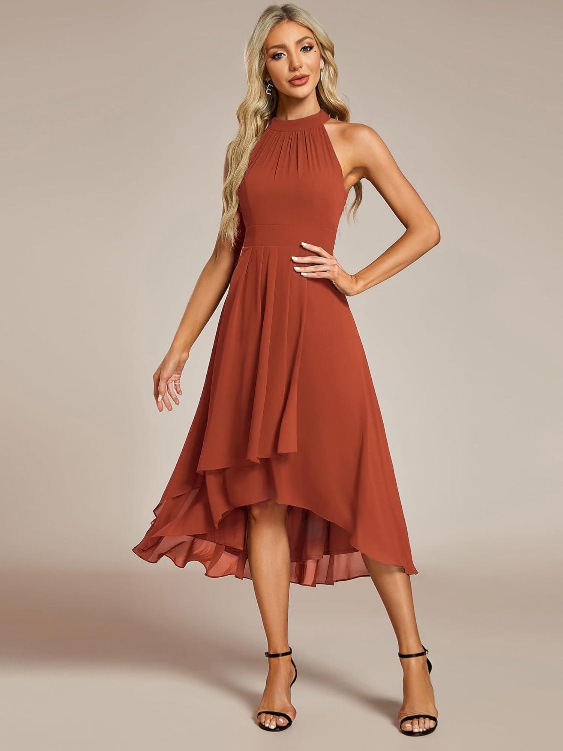 imageEverPretty Womens Sexy Halter Neck Pletaed Sleeveless HiLo Chiffon Wedding Guest Dress 31926Burnt Orange