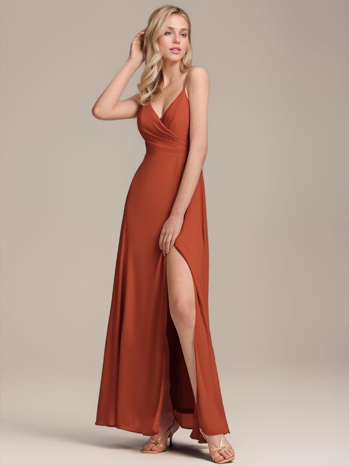imageEverPretty Womens Sexy Side Slit V Neck Spaghetti Straps Chiffon A Line Bridesmaid Dress 0128BPHBurnt Orange