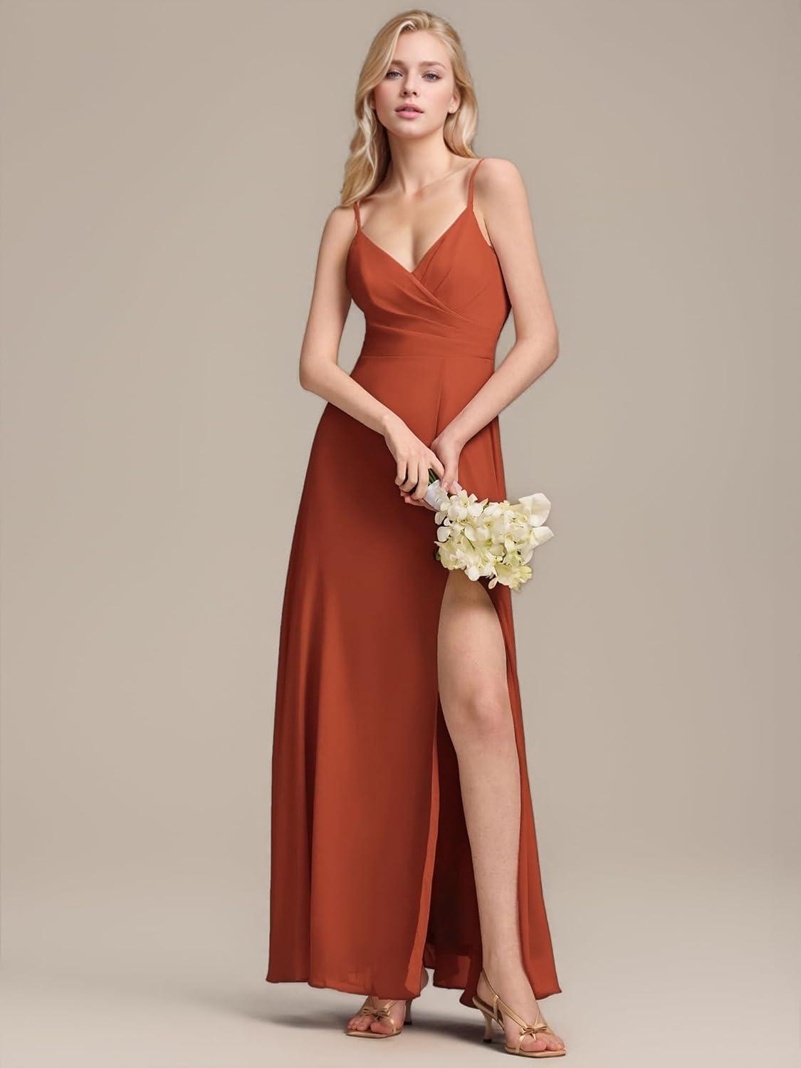 imageEverPretty Womens Sexy Side Slit V Neck Spaghetti Straps Chiffon A Line Bridesmaid Dress 0128BPHBurnt Orange