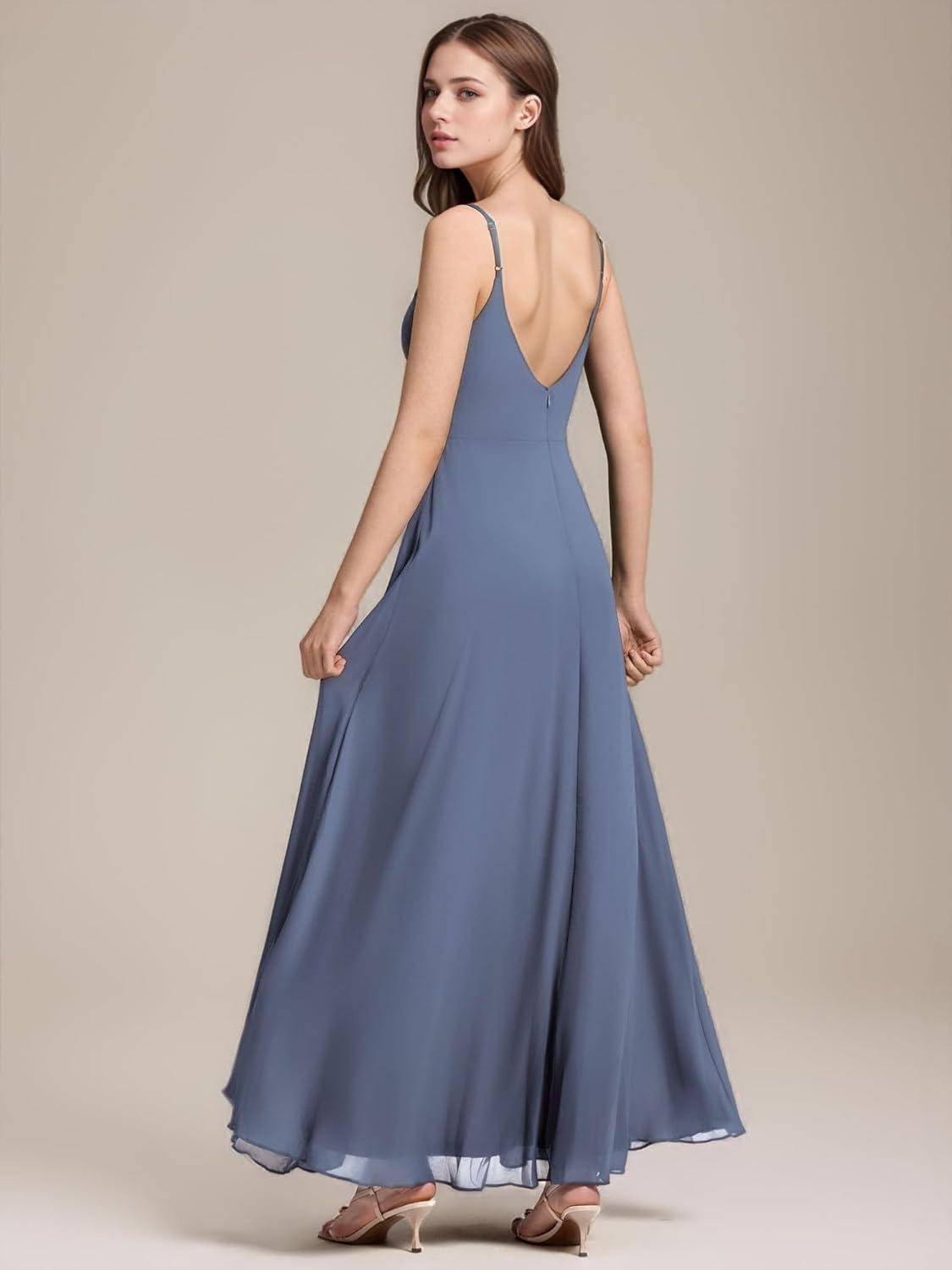 imageEverPretty Womens Sexy Side Slit V Neck Spaghetti Straps Chiffon A Line Bridesmaid Dress 0128BPHDusty Blue