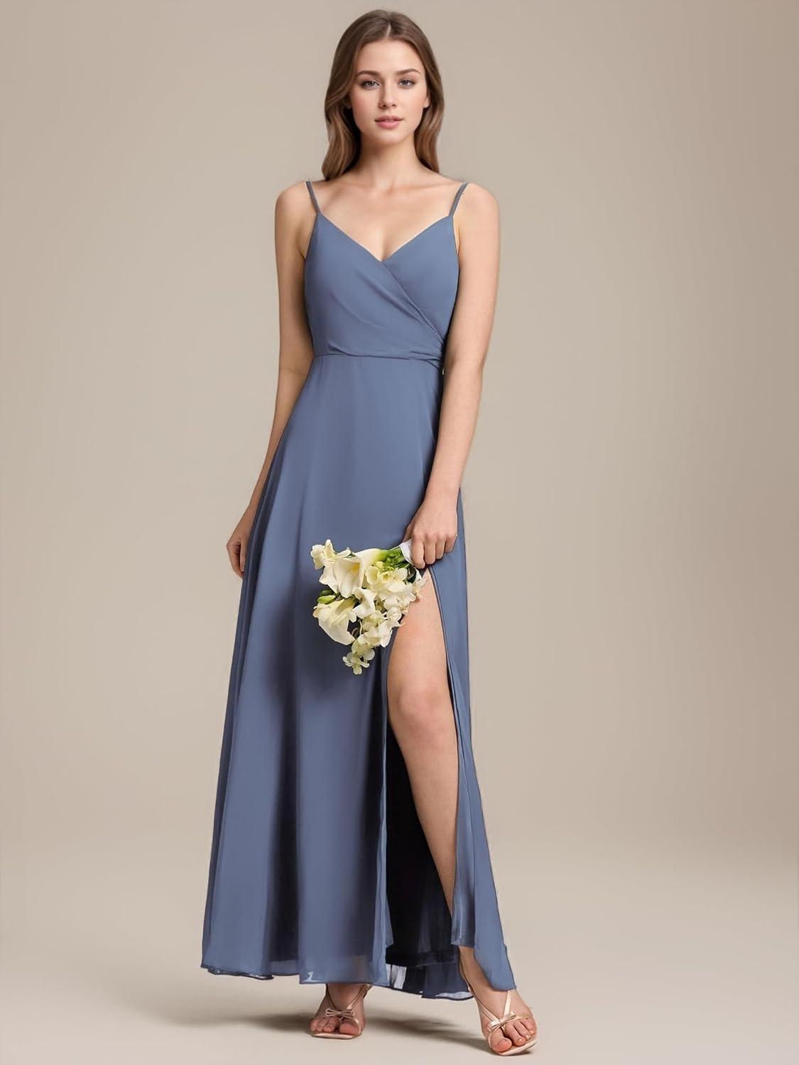 imageEverPretty Womens Sexy Side Slit V Neck Spaghetti Straps Chiffon A Line Bridesmaid Dress 0128BPHDusty Blue