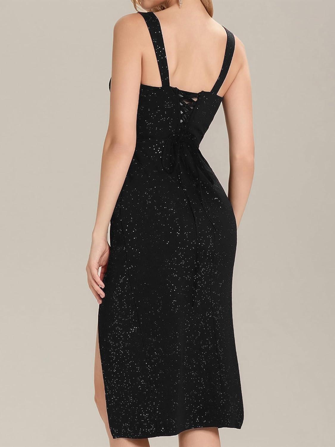 imageEverPretty Womens Sparkly Glitter Side Slit Ruched Midi Formal Evening Dress with LaceUp Back 02395Black