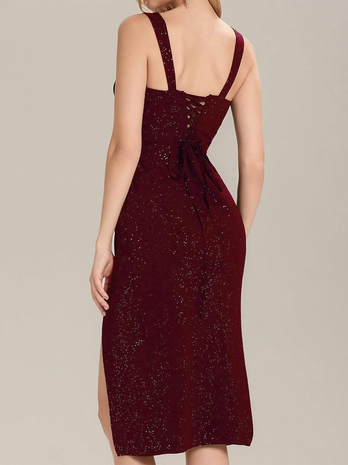imageEverPretty Womens Sparkly Glitter Side Slit Ruched Midi Formal Evening Dress with LaceUp Back 02395Burgundy