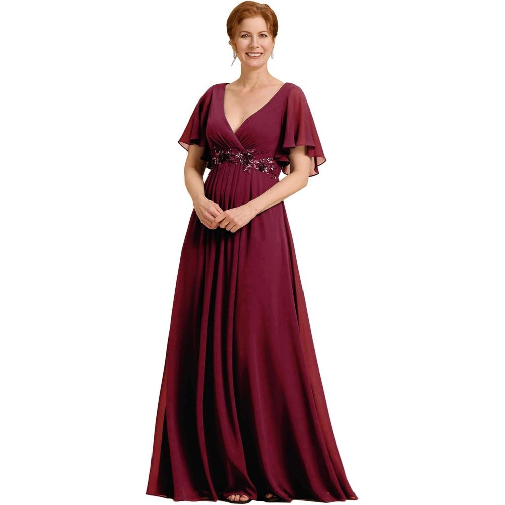 imageEverPretty Womens Chiffon Mother of The Bride Dress Appliques V Neck ALine Pleated Floor Length Formal GownBurgundy