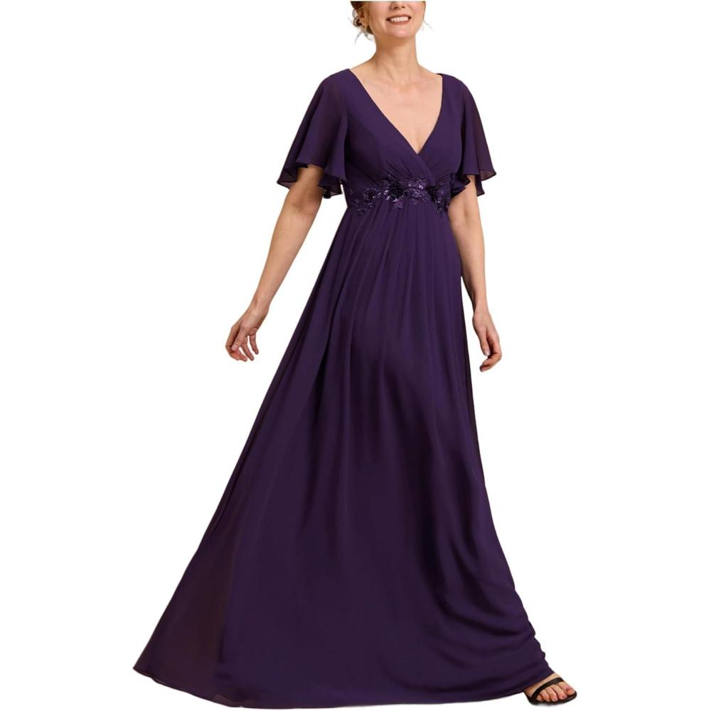 imageEverPretty Womens Chiffon Mother of The Bride Dress Appliques V Neck ALine Pleated Floor Length Formal GownDark Purple