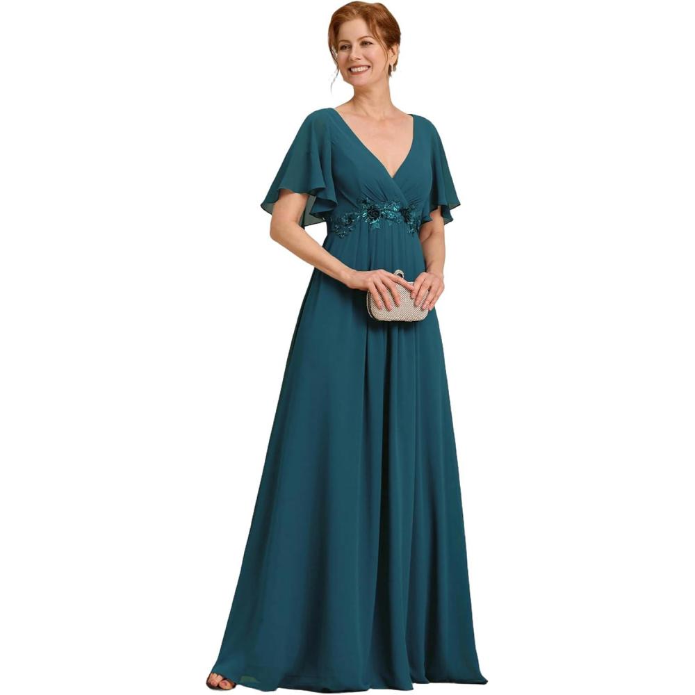 imageEverPretty Womens Chiffon Mother of The Bride Dress Appliques V Neck ALine Pleated Floor Length Formal GownTeal