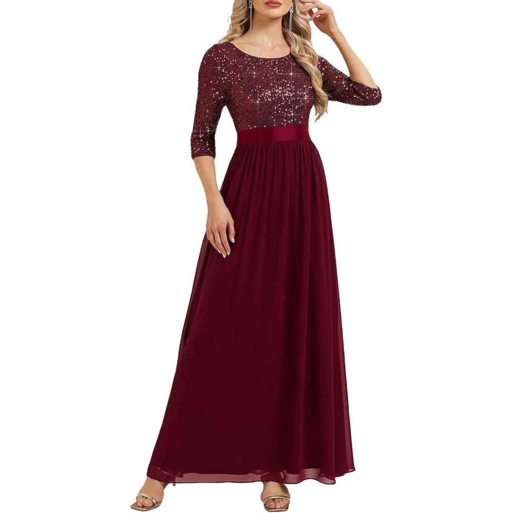 imageEverPretty Womens Elegant Maxi A Line Crew Neck Half Sleeve Sequin Formal Evening Dress 00686Burgundy