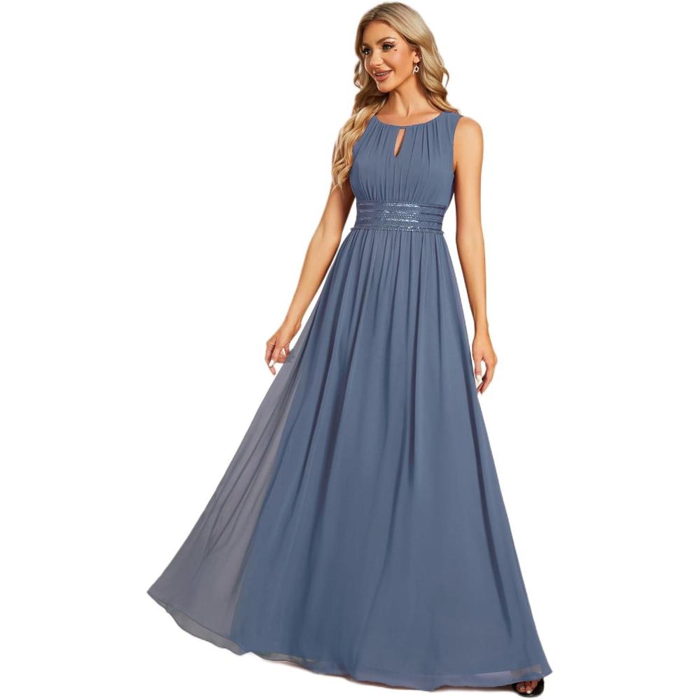 imageEverPretty Womens Fall Crew Neck Sleeveless Ruched A Line Hollow Out Sequin Maxi Formal Wedding Guest Dress 01955Dusty Blue
