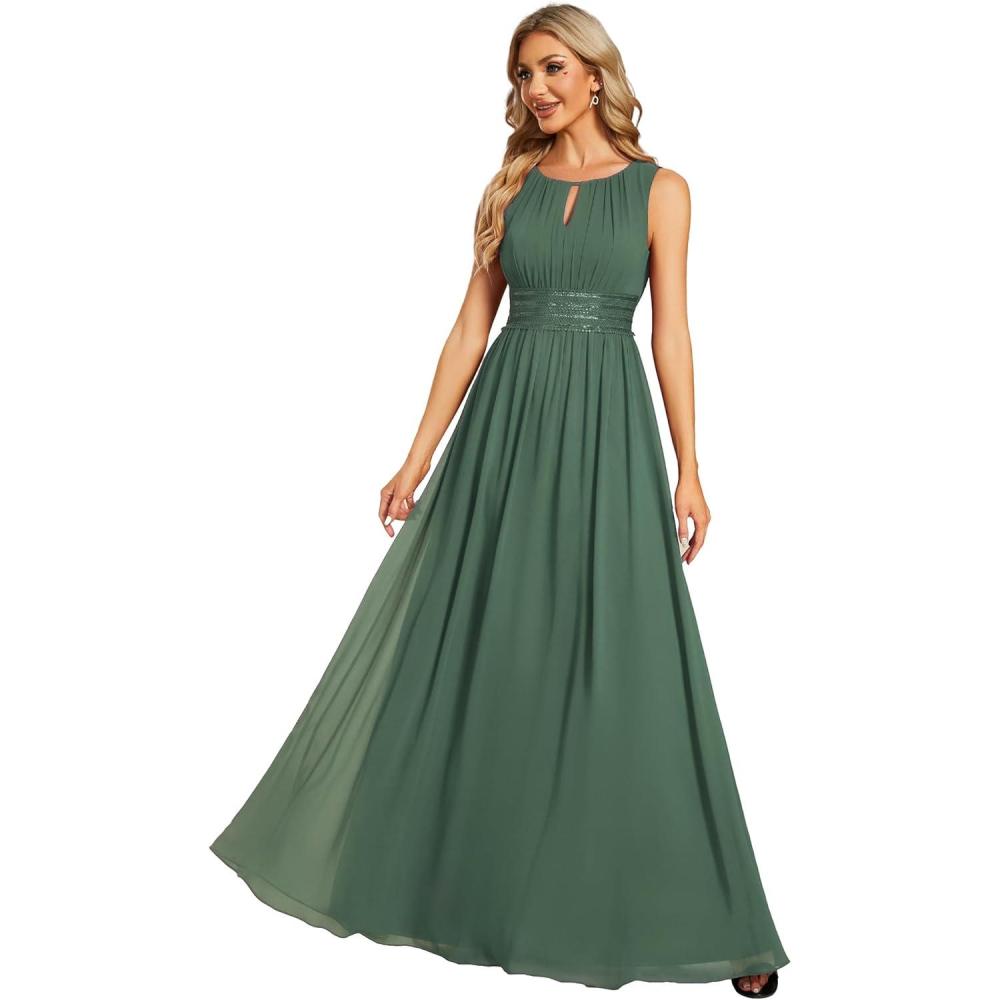 imageEverPretty Womens Fall Crew Neck Sleeveless Ruched A Line Hollow Out Sequin Maxi Formal Wedding Guest Dress 01955Eucalyptus Green