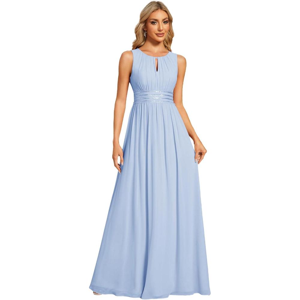 imageEverPretty Womens Fall Crew Neck Sleeveless Ruched A Line Hollow Out Sequin Maxi Formal Wedding Guest Dress 01955Ice Blue