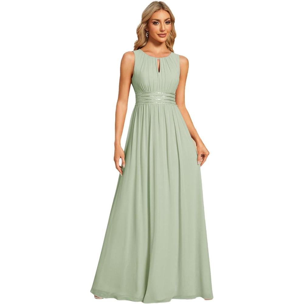 imageEverPretty Womens Fall Crew Neck Sleeveless Ruched A Line Hollow Out Sequin Maxi Formal Wedding Guest Dress 01955Mint Green