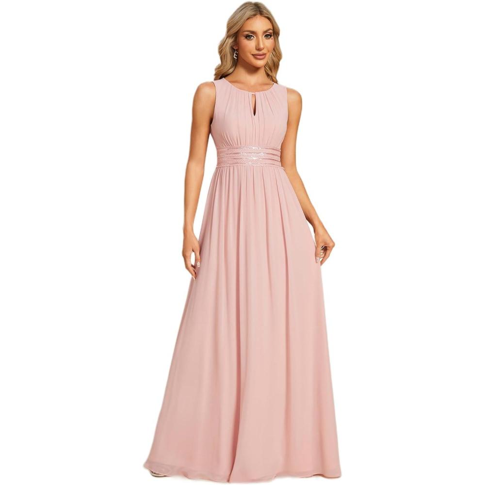 imageEverPretty Womens Fall Crew Neck Sleeveless Ruched A Line Hollow Out Sequin Maxi Formal Wedding Guest Dress 01955Pink